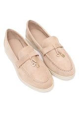 SUEDE LOAFERS WITH GOLDEN CHARM-BEIGE