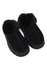 Faux Fur Trimmed Slippers-Black