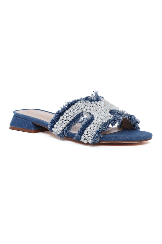 PEARL-EMBELLISHED DENIM SLIDE-BLUE-JEAN