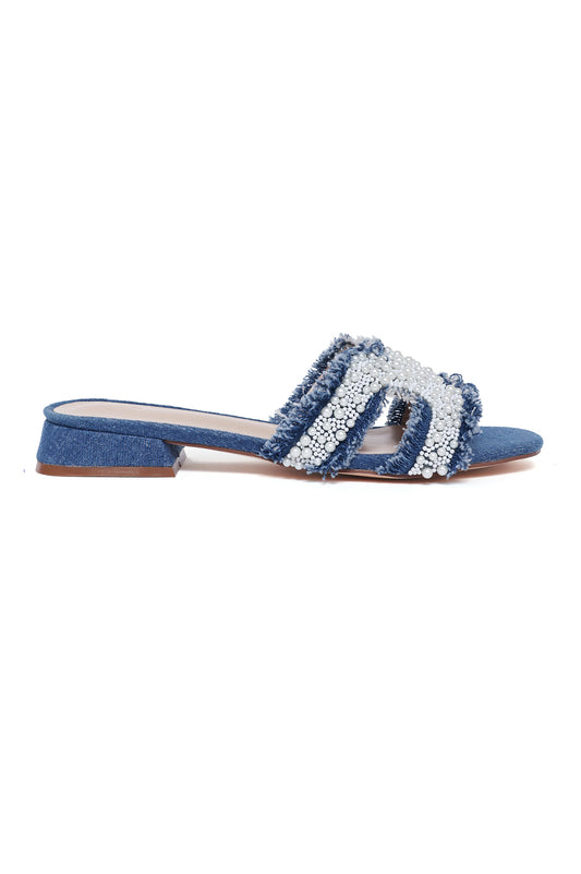 PEARL-EMBELLISHED DENIM SLIDE-BLUE-JEAN