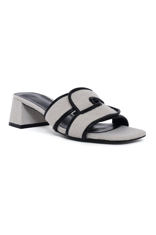 ELEGANT TEXTURED BLOCK HEEL SLIDE-BEIGE-BLACK