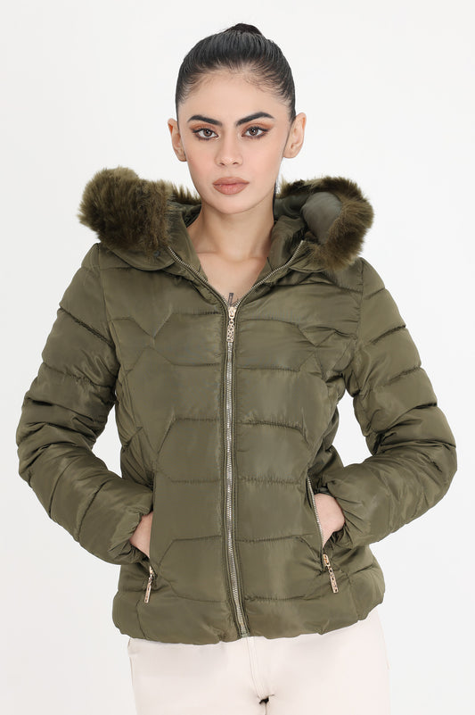 FURRY CAP JACKET-ARMY-GREEN