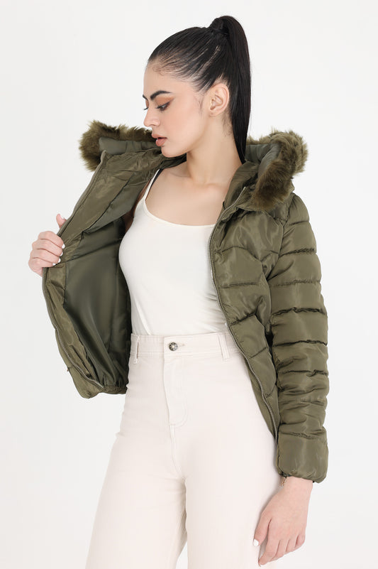 FURRY CAP JACKET-ARMY-GREEN