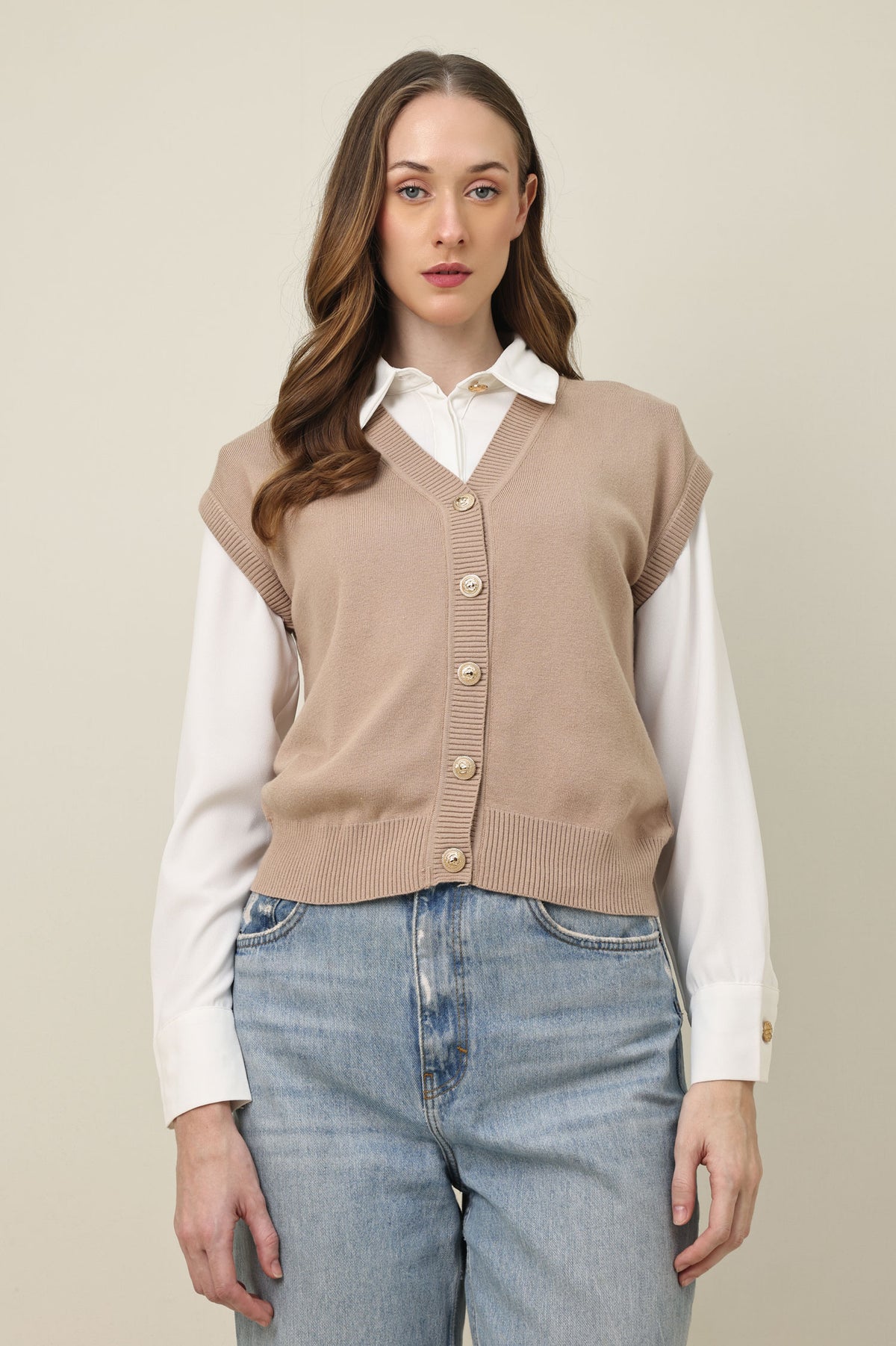 SLEEVELESS MONO SWEATER-BEIGE