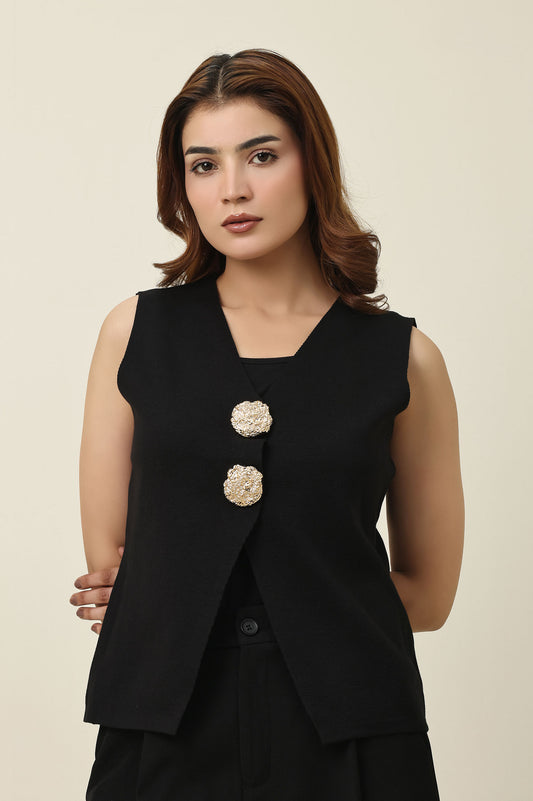 GOLD ACCENT KNIT VEST-BLACK