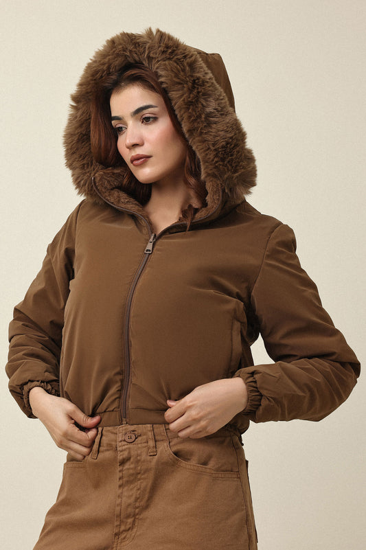 SNOWHAVEN FUR-LINED PUFFER JACKET-COFFEE