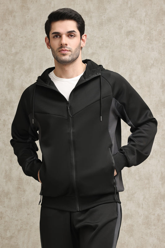 FULL-ZIP TRACKSUIT WITH CONTRAST PANEL DESIGN-BLACK-DARK-GREY