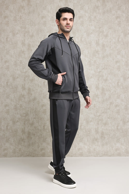 FULL-ZIP TRACKSUIT WITH CONTRAST PANEL DESIGN-DARK-GREY-BLACK
