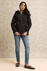 HOODED DRAWSTRING JACKET-BLACK