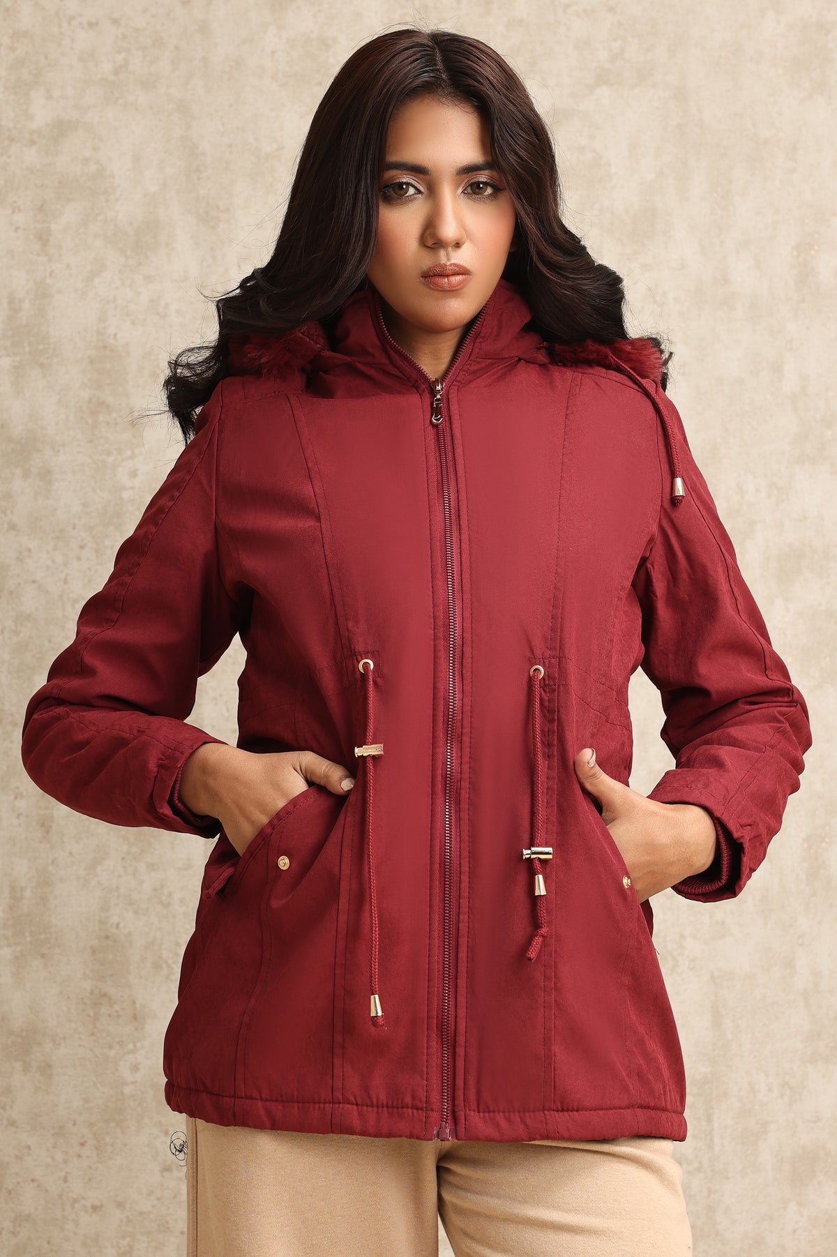 HOODED DRAWSTRING JACKET-BURGUNDY