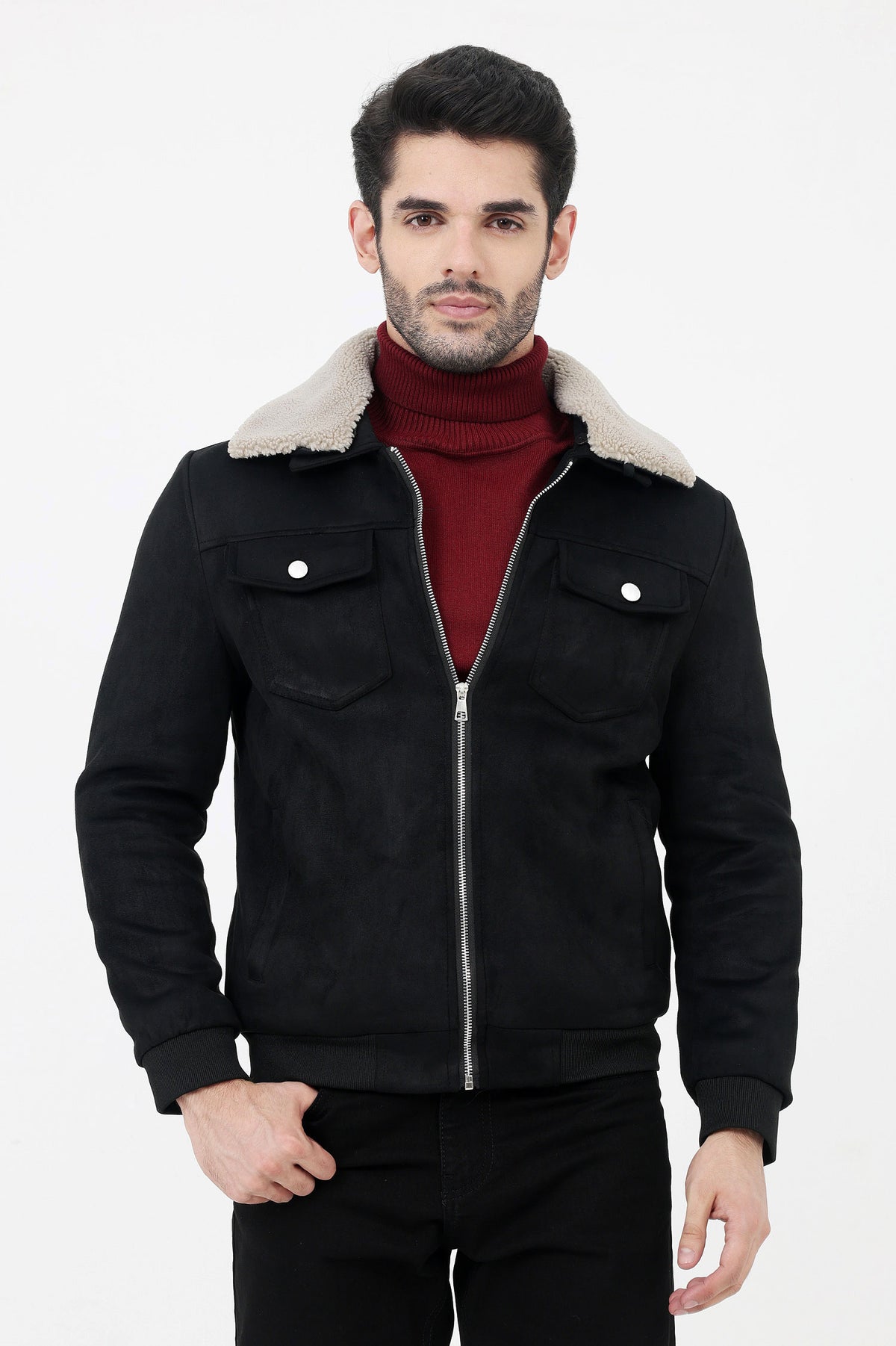 ALMAS URBAN SUEDE JACKET WITH FUR COLLAR-BLACK