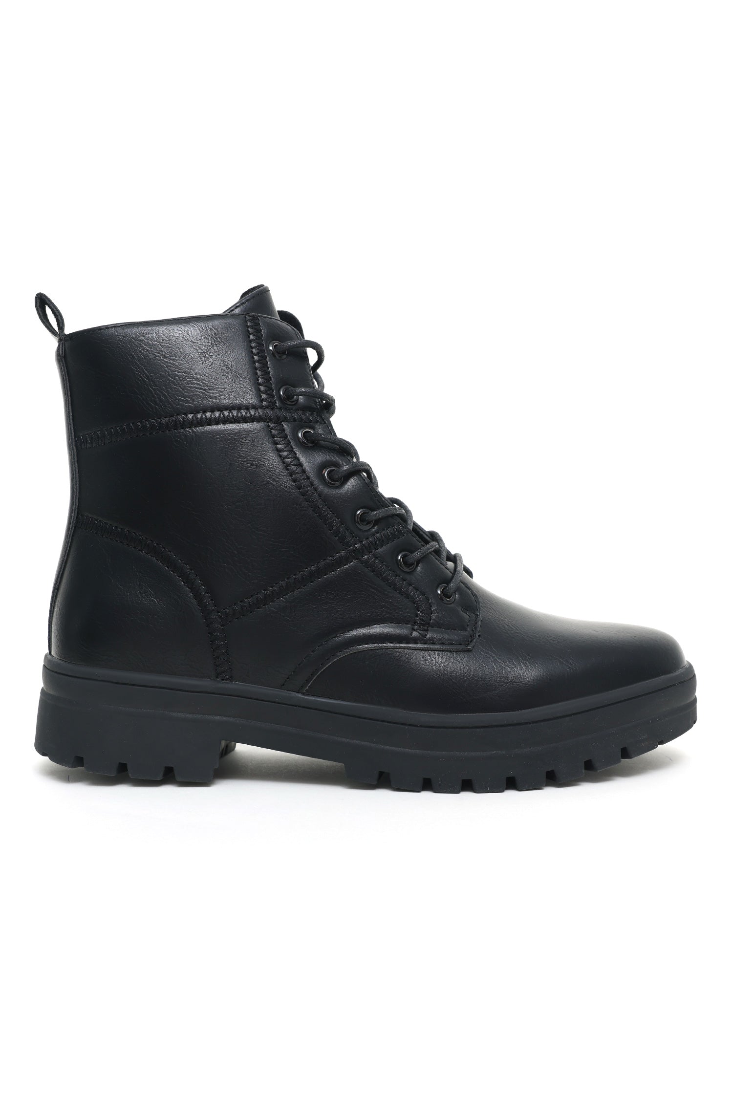 LACE-UP LEATHERITE ANKLE BOOTS-BLACK