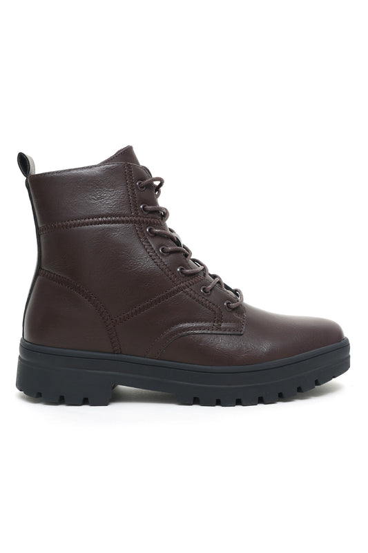 LACE-UP LEATHERITE ANKLE BOOTS-COFFEE