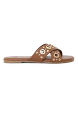 GILDED GROMMET CROSS STRAP FLATS-CAMEL