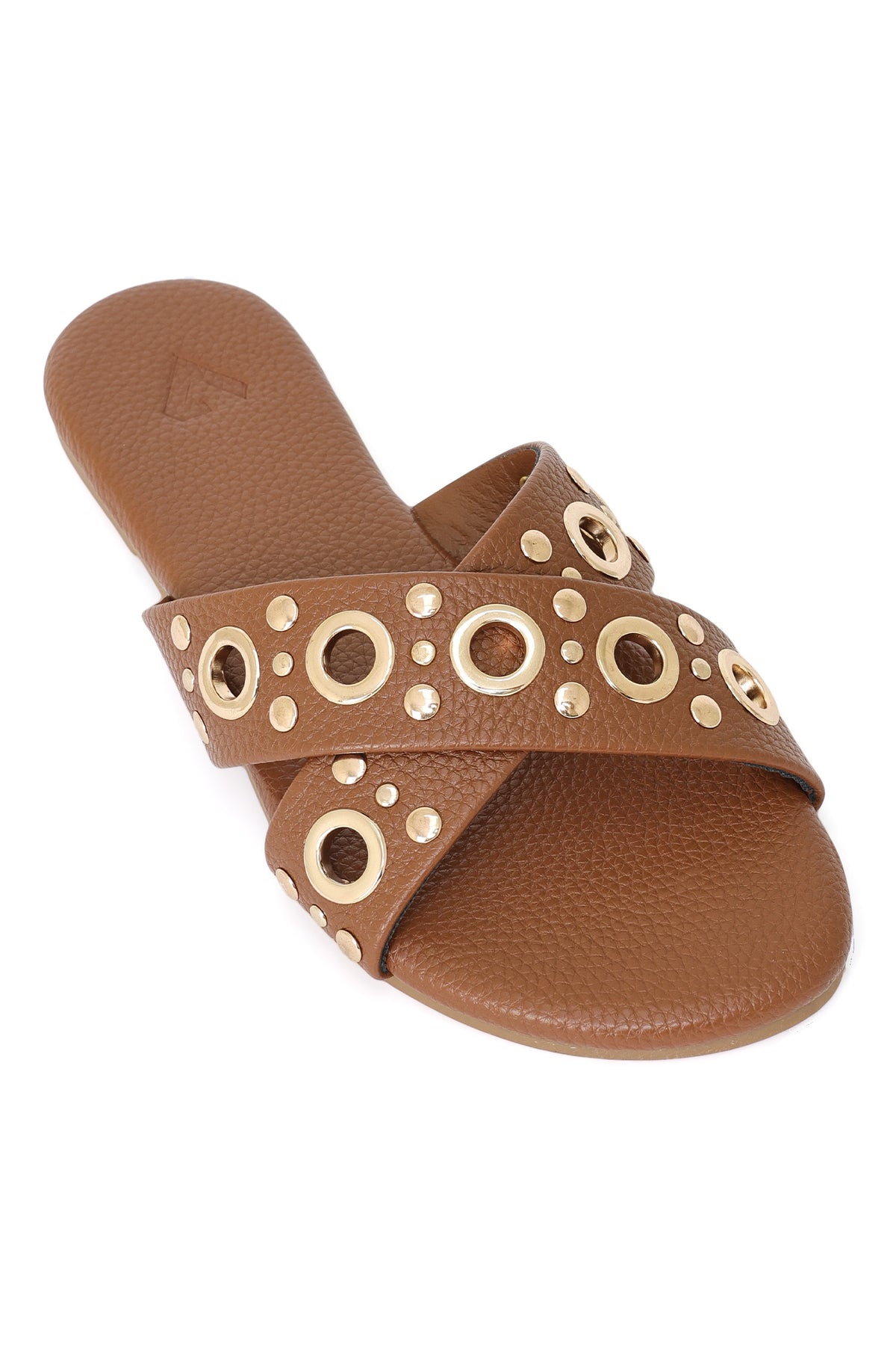 GILDED GROMMET CROSS STRAP FLATS-CAMEL