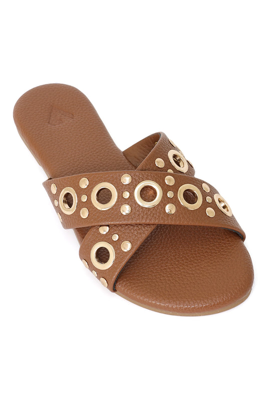 GILDED GROMMET CROSS STRAP FLATS-CAMEL