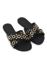 GILDED GROMMET CROSS STRAP FLATS-BLACK