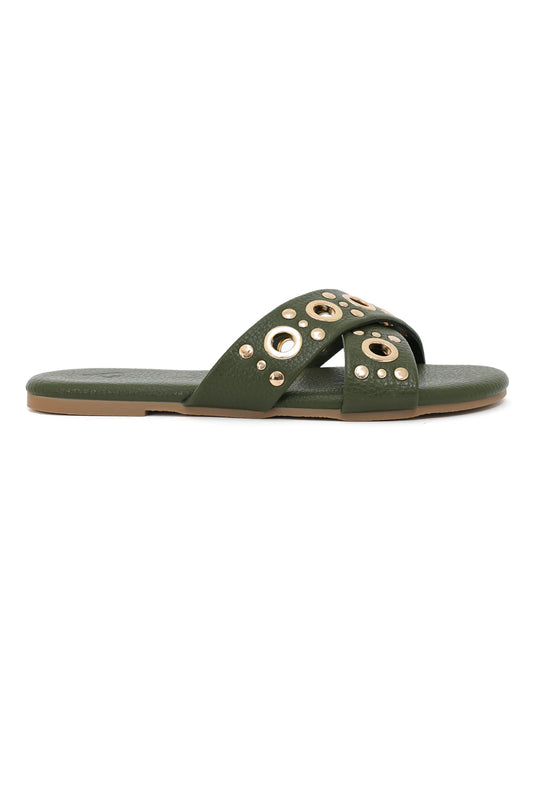 GILDED GROMMET CROSS STRAP FLATS-GREEN