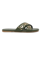 GILDED GROMMET CROSS STRAP FLATS-GREEN