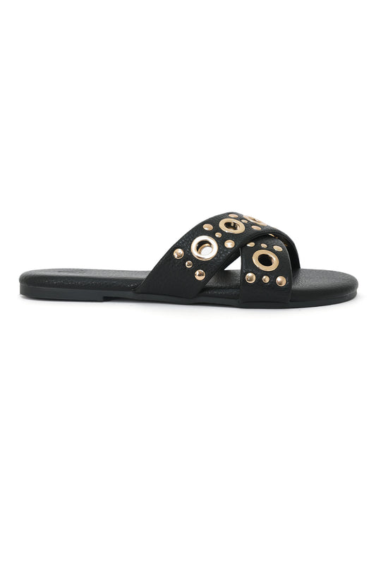 GILDED GROMMET CROSS STRAP FLATS-BLACK