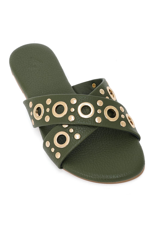 GILDED GROMMET CROSS STRAP FLATS-GREEN