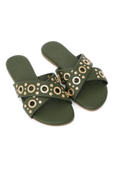 GILDED GROMMET CROSS STRAP FLATS-GREEN