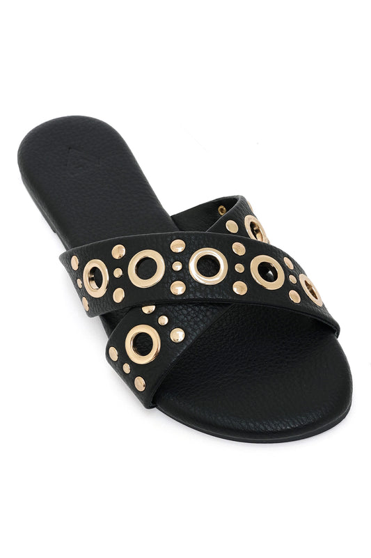 GILDED GROMMET CROSS STRAP FLATS-BLACK