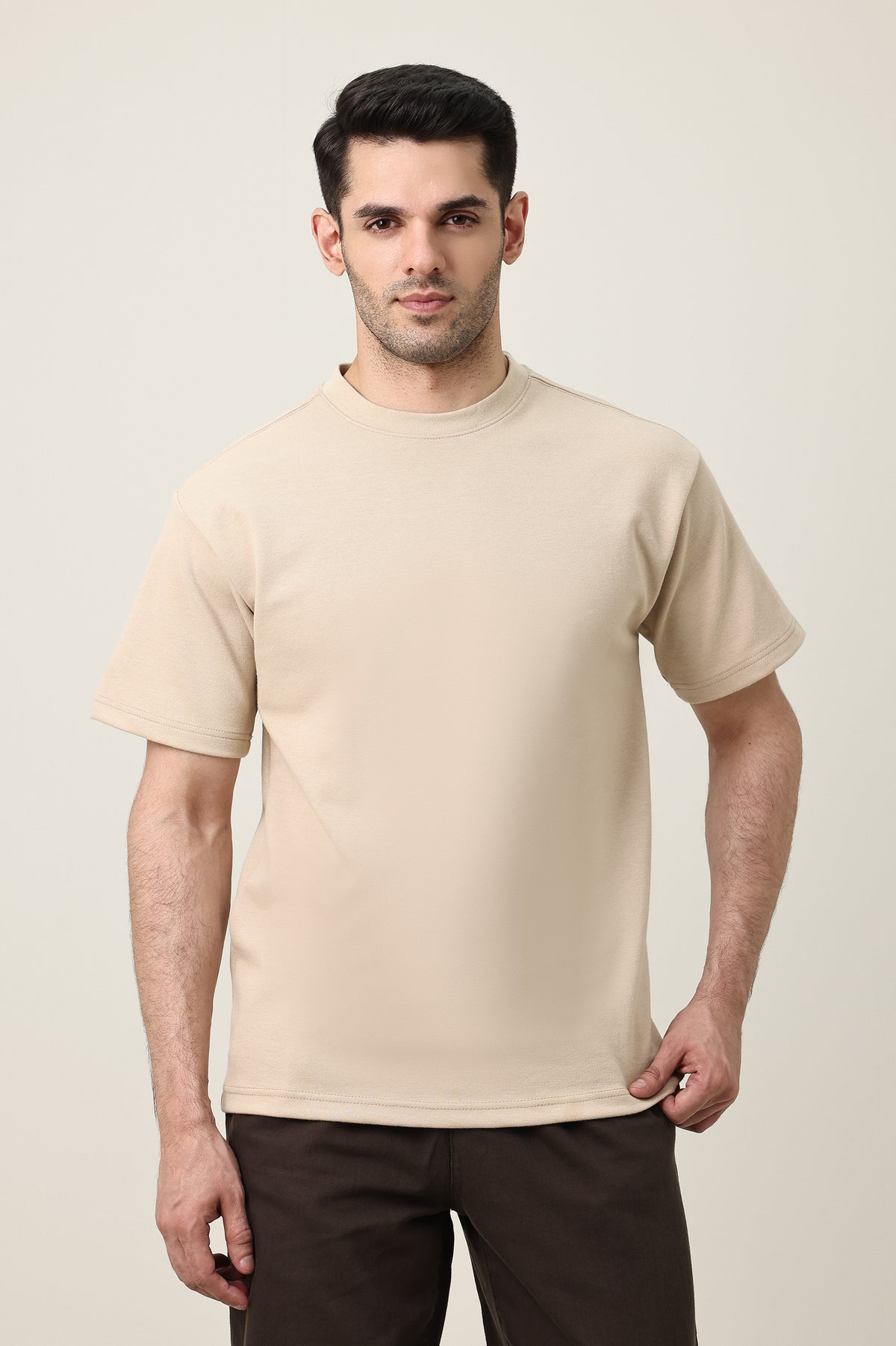 MEN SOLID HALF SLEEVE-BEIGE
