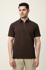 SMART CASUAL ZIP COLLAR T-SHIRT-COFFEE