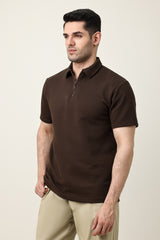 SMART CASUAL ZIP COLLAR T-SHIRT-COFFEE