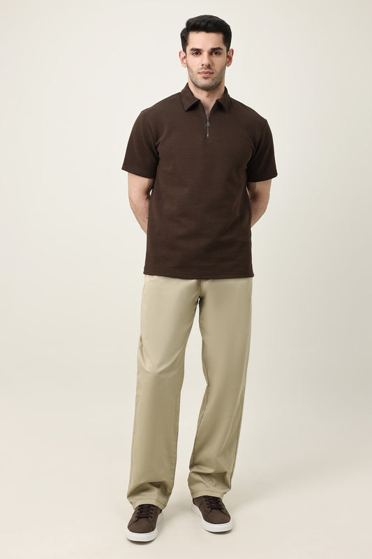 SMART CASUAL ZIP COLLAR T-SHIRT-COFFEE