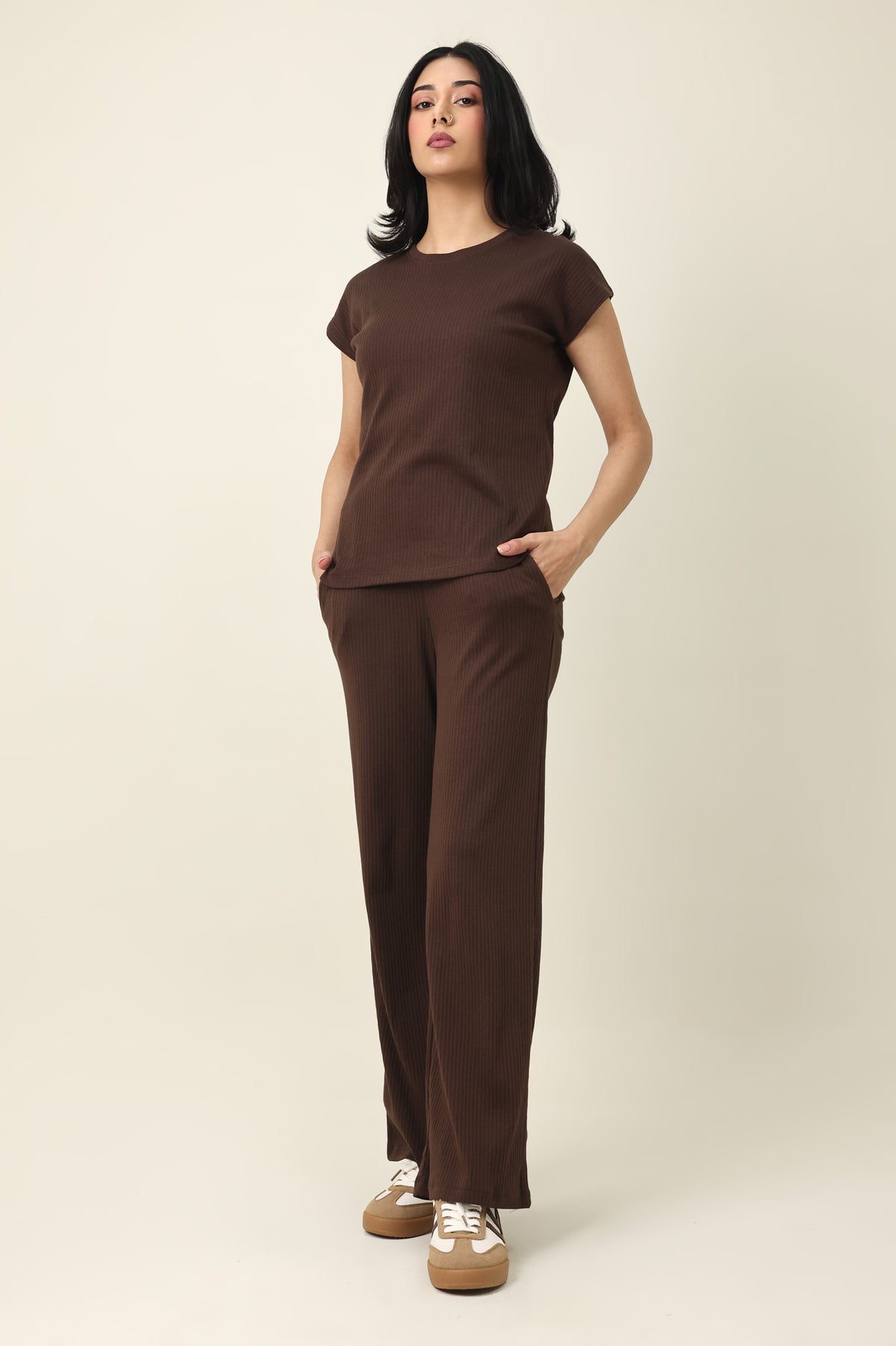 SLIMFLOW RIB TEXTURE ENSEMBLE-COFFEE