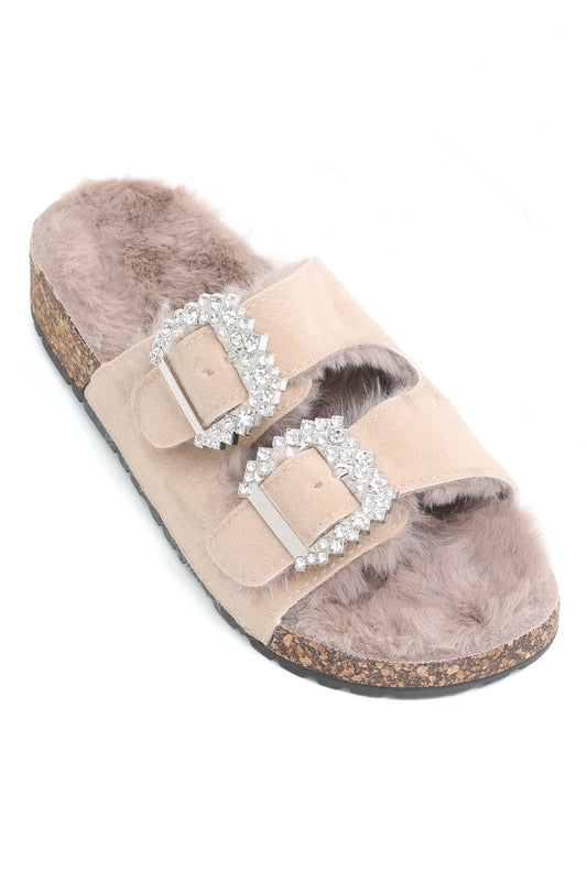 FUR SLIDES-KHAKI