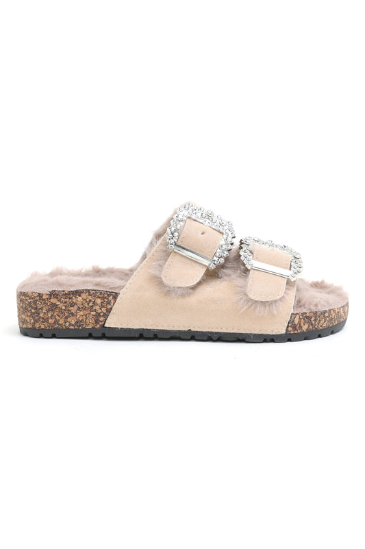FUR SLIDES-KHAKI