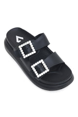 CHIC BUCKLE SUMMER SLIDES-BLACK