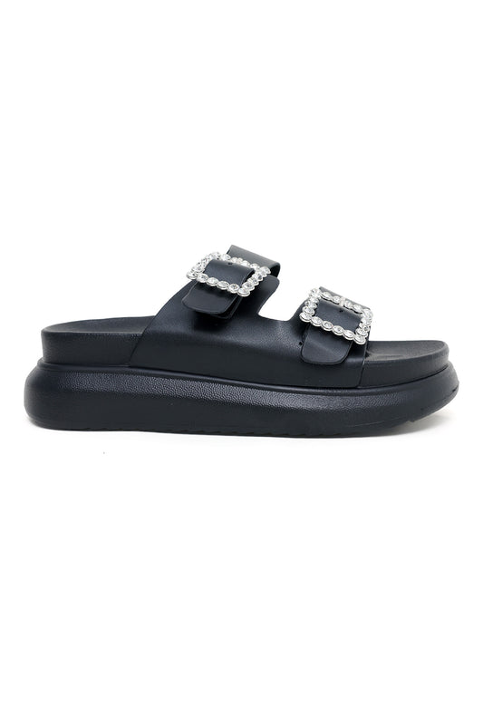 CHIC BUCKLE SUMMER SLIDES-BLACK