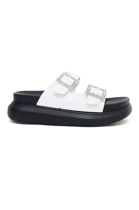 CHIC BUCKLE SUMMER SLIDES-WHITE