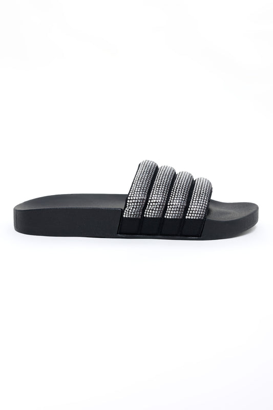 DIAMANTE STRAP SLIDES-BLACK