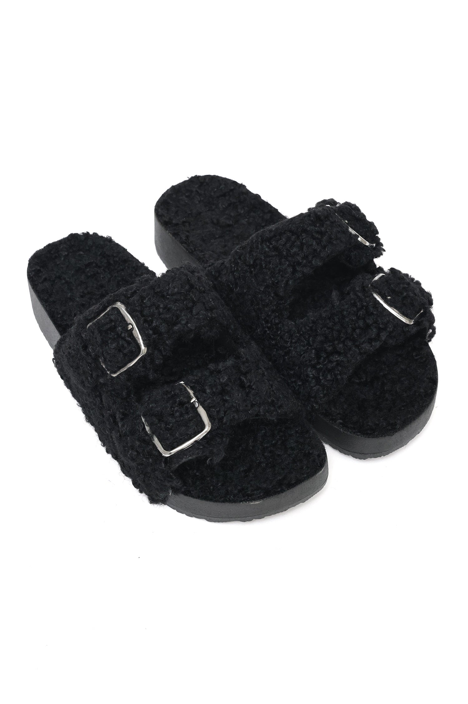 Double Buckle Fur Strap Slides Double Buckle Faux Fur Strap Slides