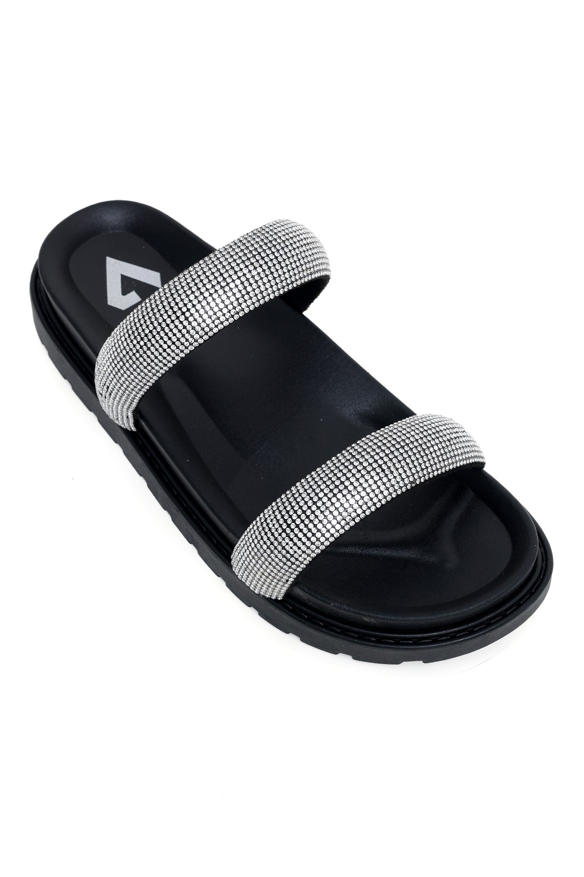 DIAMANTE STRAP SLIDES-BLACK