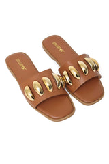 SUNLIT RICH SHINE SLIDE-CAMEL