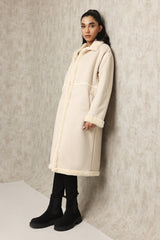 CHIC LONGLINE COAT WITH LUXE SHEARLING TRIM-BEIGE