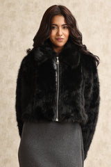 PLUSH ZIP-UP FUR JACKET-BLACK