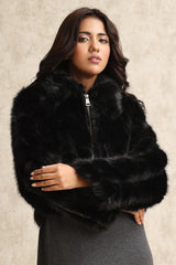PLUSH ZIP-UP FUR JACKET-BLACK