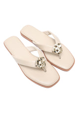 MEDALLION FLAT SLIDES-BEIGE