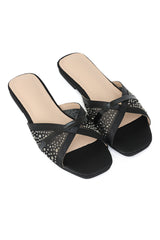 SATIN MESH CRISSCROSS SLIDE-BLACK