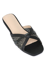 SATIN MESH CRISSCROSS SLIDE-BLACK