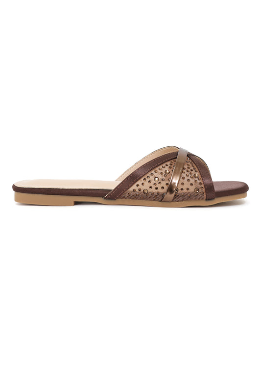 SATIN MESH CRISSCROSS SLIDE-BRONZE