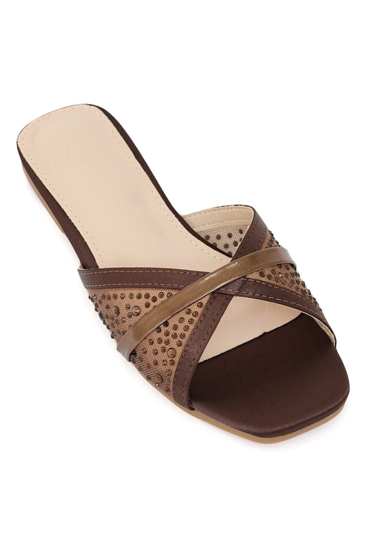 SATIN MESH CRISSCROSS SLIDE-BRONZE
