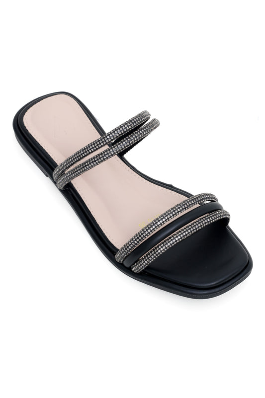 DIAMANTE STRAP FLATS-BLACK